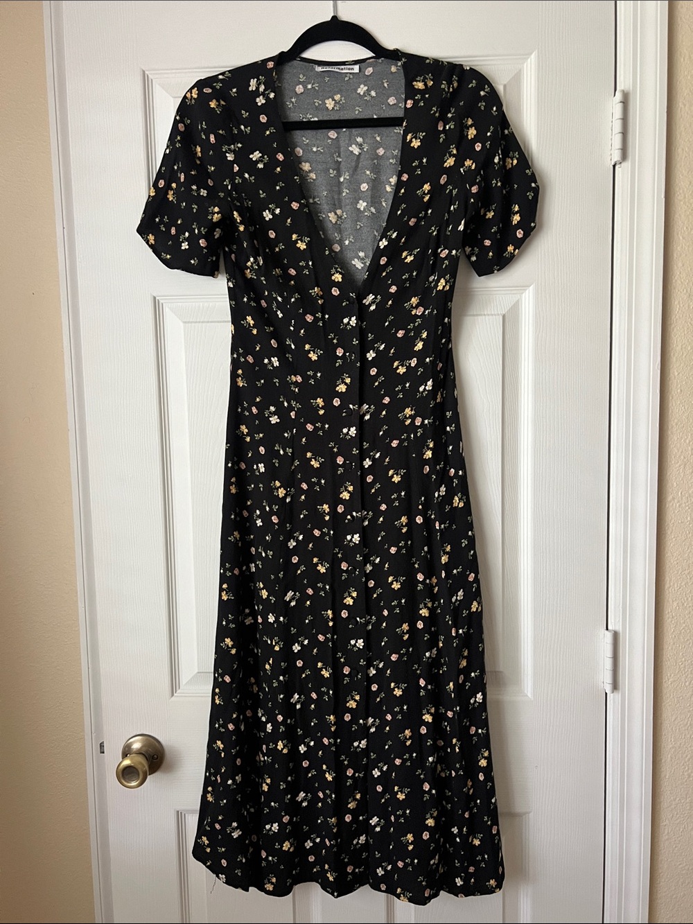 Reformation Black Floral Midi Dress with V-Neckline 6